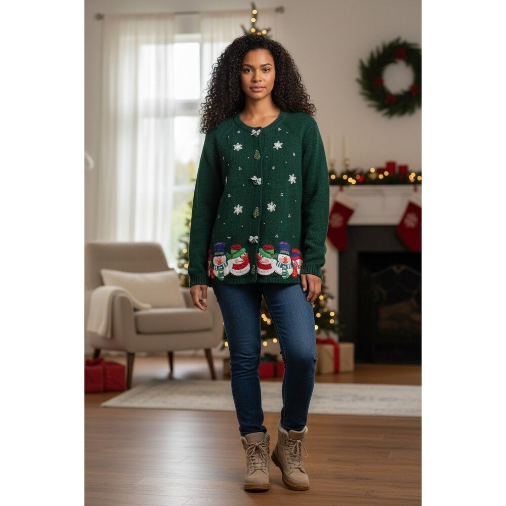 VTG Christmas Sweater Cardigan Redhead For Her Sz S Snowflakes Snowmen Ugly